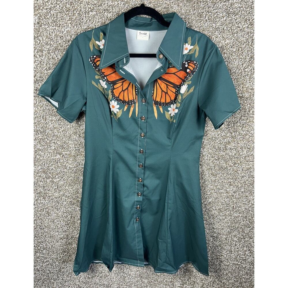 BoozeLele Western Dress Monarch Butterfly Deep Green Button Rockabilly Cotton
